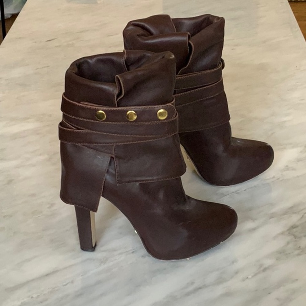 Matiko Chocolate Brown Leather Booties Gold Button